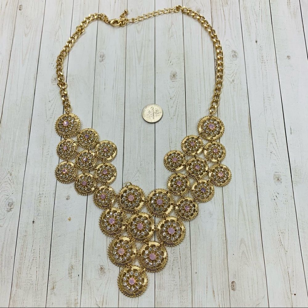 Pink Crystal Gold Circles Necklace‎